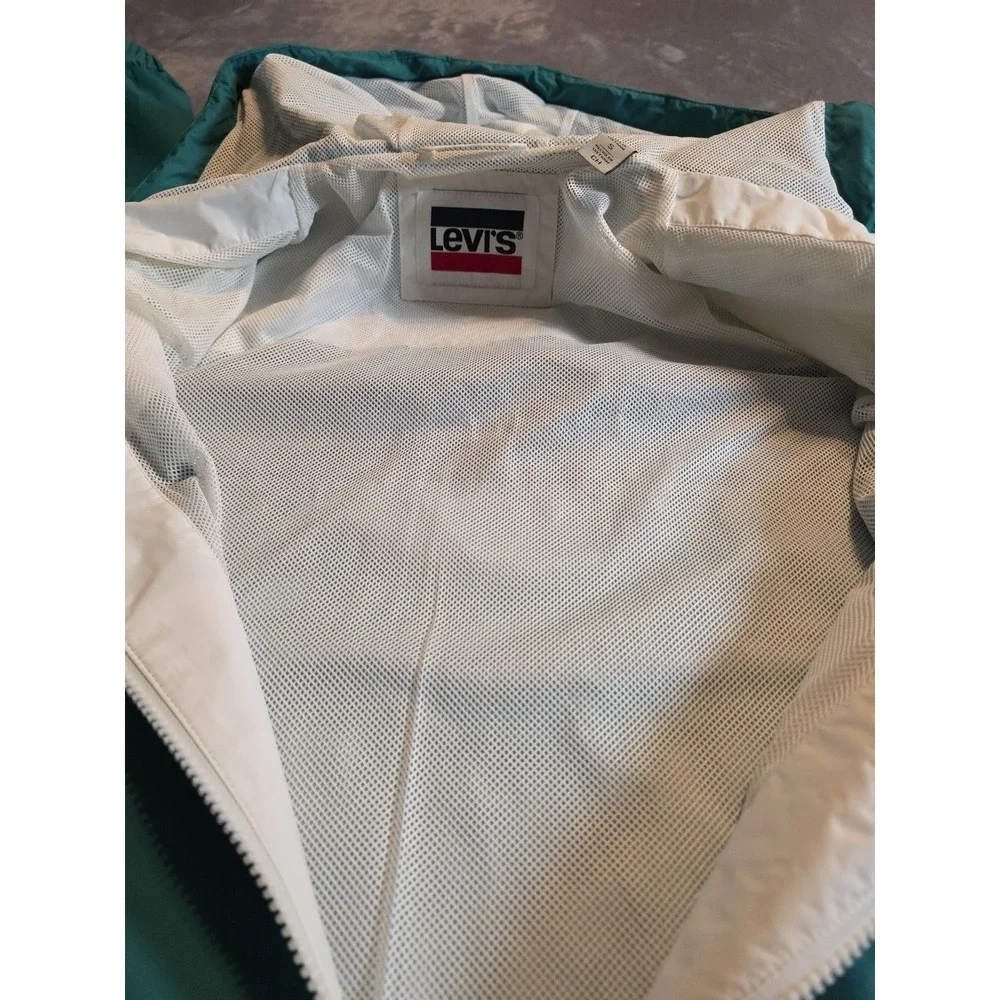 Levi's Windbreaker Rain Jacket Women's S Embroidered Green Grey White Elastic...